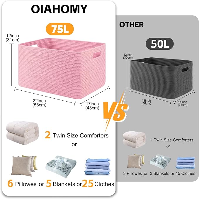 OIAHOMY 75L Blanket Basket, Woven Cotton Rope Basket for Organizing 22”x17”x12”, Used for Living Room, Bedroom, Nursery, Pink