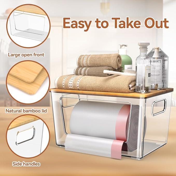 spospo Trash Bag Holder with Bamboo Lid Stackable Trash Bag Dispenser | Extra Large Garbage Bag Holder for Kitchen Laundry Room Under Sink Organization and Storage (1Pack)