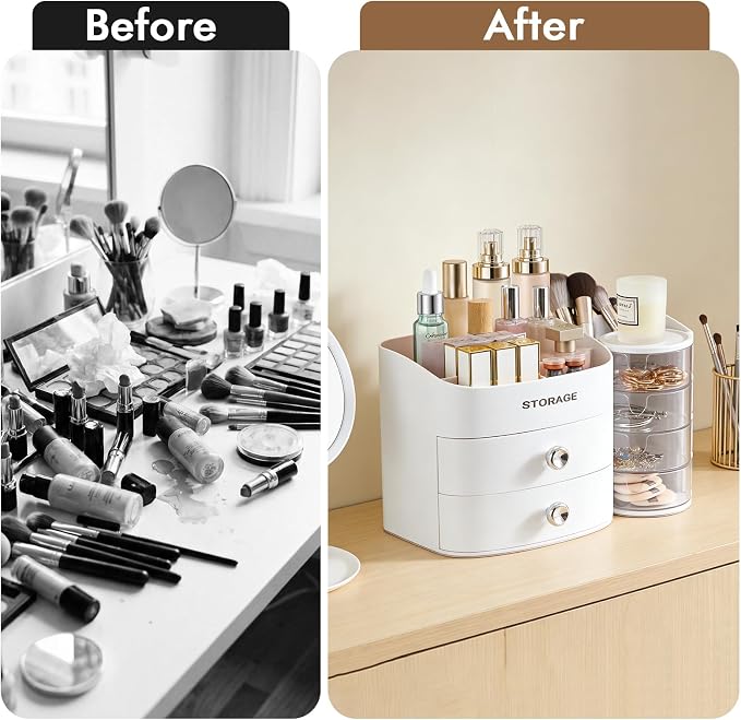 Makeup Organizer Countertop, Make Up Organizer for Vanity | Skincare & Cosmetic Organizers with Drawers, Bathroom Storage for Brush Holder|Lipstick|Jewelry, Ideal Gift for Women, White