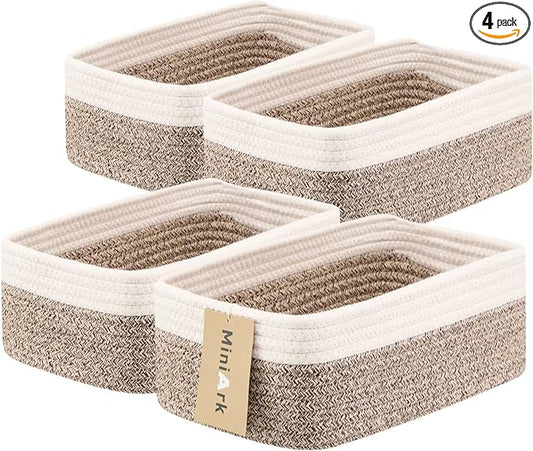MiniArk Small Storage Baskets for Organizing | Closet Organizer Bins | Shelf Toy Basket | Woven Rope Baskets | Cube Decorative Box | Shallow Basket | 11.5x7.5x4.7” | 4 Packs White Brown