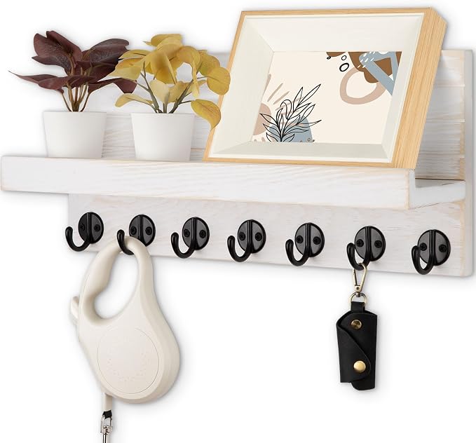 Lwenki Key Holder Wall Mount, Entryway Key and Mail Holder with 7 Sturdy Hooks for Sunglasses, Dog Leash, Decorative Wall Shelf with Mounting Hardware, 15”W x 6.7”H x 4.2”D