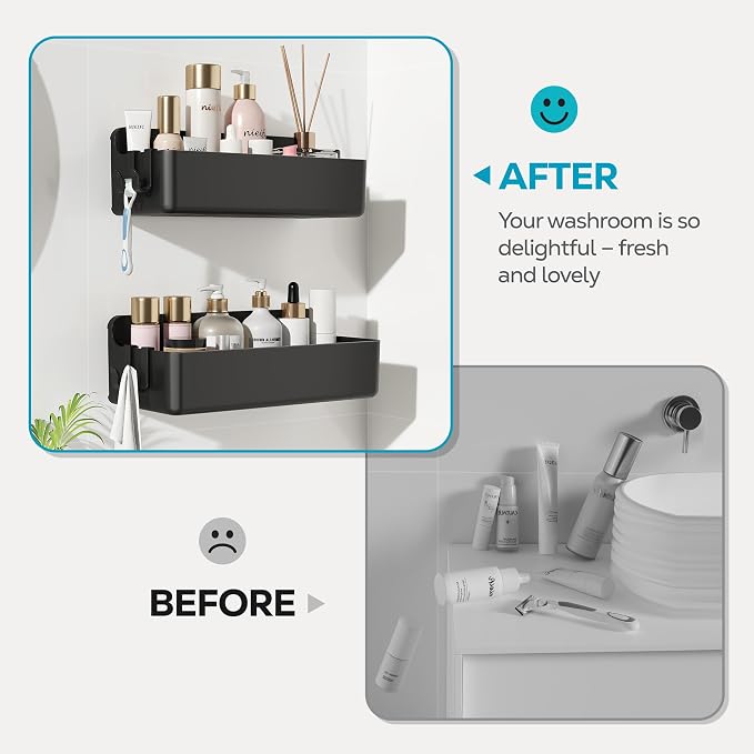 Nieifi Adhesive Shower Shelves, Black, 2 Pieces | Rustproof ABS, Large Capacity, Removable Design, No Drilling Shower Organizer for Bathroom Storage & Home Decor