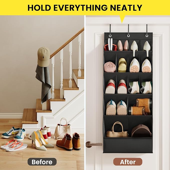 Mefirt Over the Door Shoe Rack for Closet Fit 18+ Pairs, Door Shoe Organizer with Large Breathable Pockets, Hanging Shoes Rack Fit Boots, Behind the Door Shoe Holder for Categorized Storage, Black
