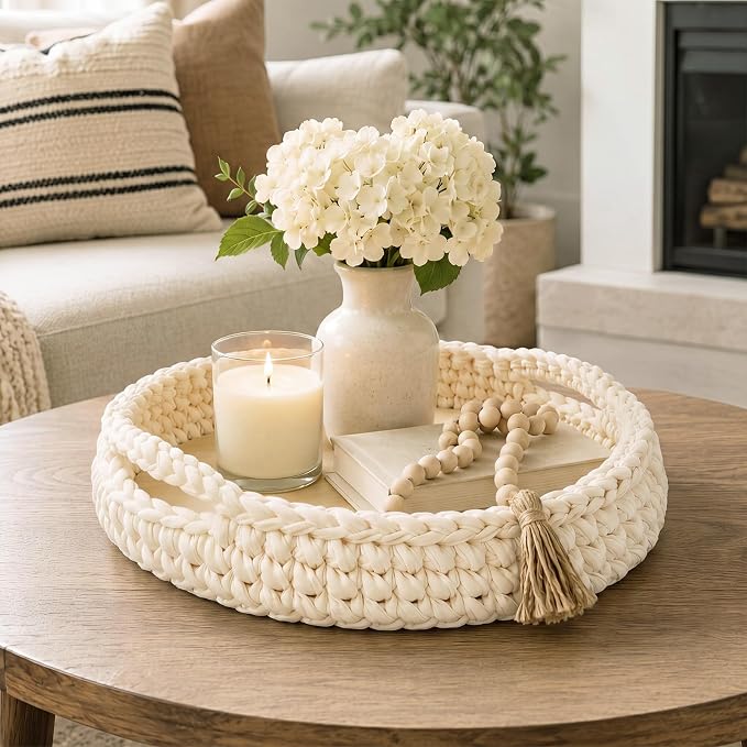 Crochet Serving Tray with Handle 12 Inch Handmade Knitted Woven Tray Round Rattan Basket Woven Cotton Rope Basket Boho Organizer Decorative Beige Macrame Decor for Farmhouse Storage Table