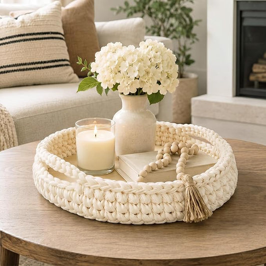 Crochet Serving Tray with Handle 12 Inch Handmade Knitted Woven Tray Round Rattan Basket Woven Cotton Rope Basket Boho Organizer Decorative Beige Macrame Decor for Farmhouse Storage Table