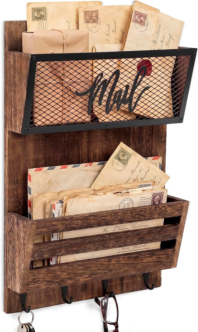 Yalikop Mail Organizer Wall Mount with Key Hooks, 2-Slot Wood Mail and Key Holder, Rustic Farmhouse Wall File for Entryway, Letter and Bill Sorter Organizer for Files, Keys and Magazines