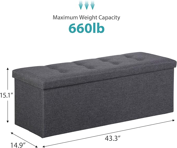 ZenStyle 43Inches Storage Ottoman Bench, Folding Footrest Padded Seat, Storage Chest Long Shoes Bench with Divider, Holds up to 660 lbs, for Living Room, Entryway, Bedroom, Dark Gray