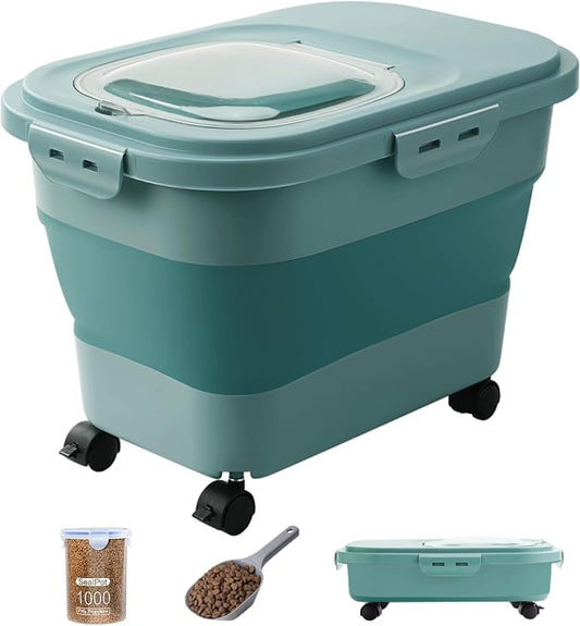 20-23 Lbs Dog Food Storage Container Airtight,Collapsible Pet Food Storage | Dog Food Container with Double Airtight Seal & Magnetic Lid,Cat Food Container with Wheels for Easy Moving,Small Jar,Scoop