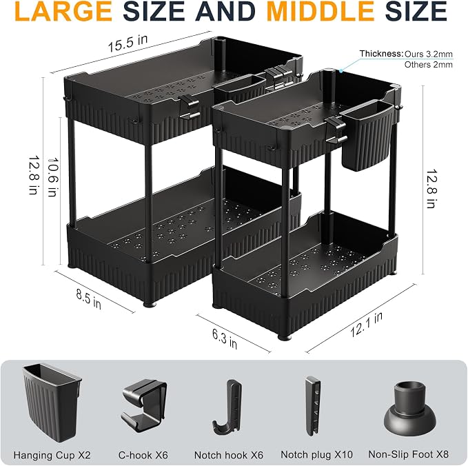 Sevenblue 2 Pack Under Sink Organizer, Under Bathroom Cabinet Organizer with Hooks Hanging Cup, Multi-Purpose Storage Shelf for Kitchen Bathroom, Black | Multi-use kitchen & bathroom storage, 12.8 inch black cabinet organizer, with hooks and hanging cu...