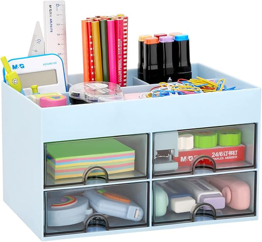 LETURE Office Desktop Organizer with Drawer, Stationary Organizer Desk Caddy, Pen/Pencil/Business Card/Sticky Note Tray/Paperclip Holder Storage Box (Blue)