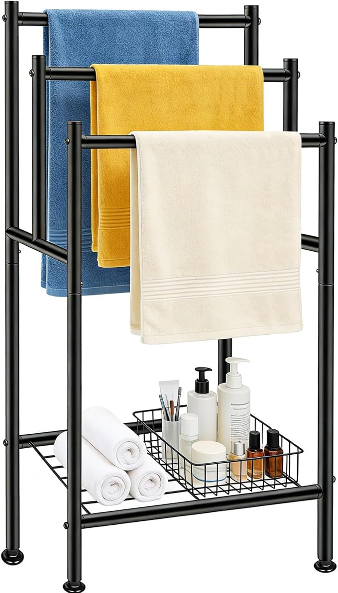 Standing Towel Rack, 3 Tier Towel Racks for Bathroom with Storage Shelf, Freestanding Metal Pool Blanket Holder Floor Towel Drying Rack Outdoor, Black