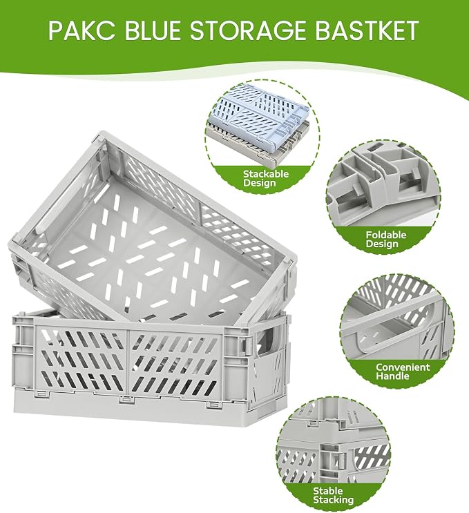 HUUSMOT 2-Pack Collapsible Plastic Storage Baskets, Grey, 9.8"x6.5"x3.8" | Pastel, Space-Saving, Collapsible Plastic Bins, Cute Mini Storage Crates, for Classroom, Kitchen, Office, Bedroom