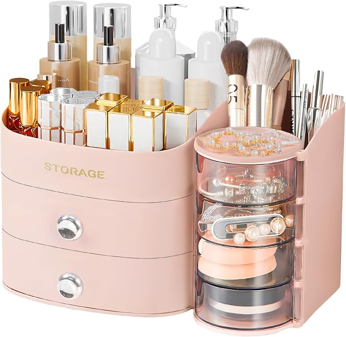 Makeup Organizer Countertop, Make Up Organizer for Vanity | Skincare & Cosmetic Organizers with Drawers, Bathroom Storage for Brush Holder|Lipstick|Jewelry, Ideal Gift for Women, Pink