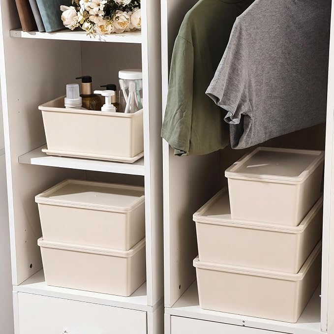 6 Pcs Large and Small Plastic Storage Bins with Lids 14.4 x 10.4 x 5.1 Inch Stackable Storage Containers Decorative Cubby Organizer for Clothes Shelves Garage Closet Office (White)