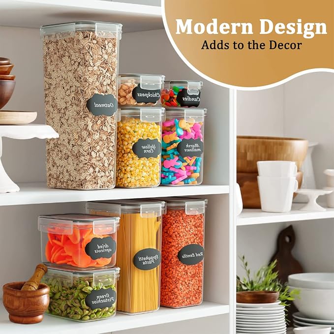 18 Pack Airtight Food Storage Containers with Lids | clear airtight containers with tight lids keep dry food fresh. Safe plastic, stackable for pantry kitchen storage