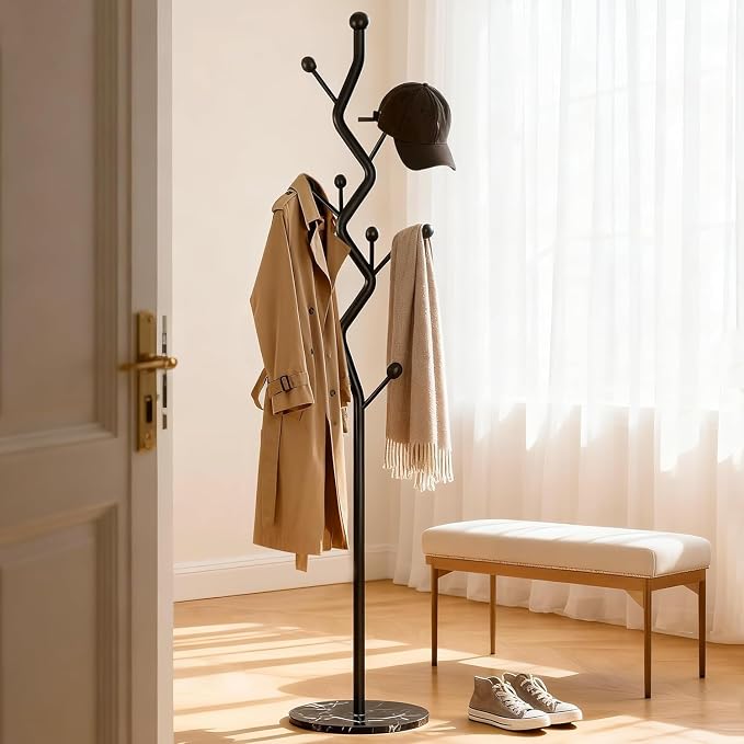 68.9 Inch Tall Modern Coat Rack,Black Freestanding Coat Rack Tree,Heavy-Duty Metal Coat Rack Freestanding with Sturdy Marble Base for Entryway,Hallway,Bedroom,Holds Coats Hats Bags Scarves