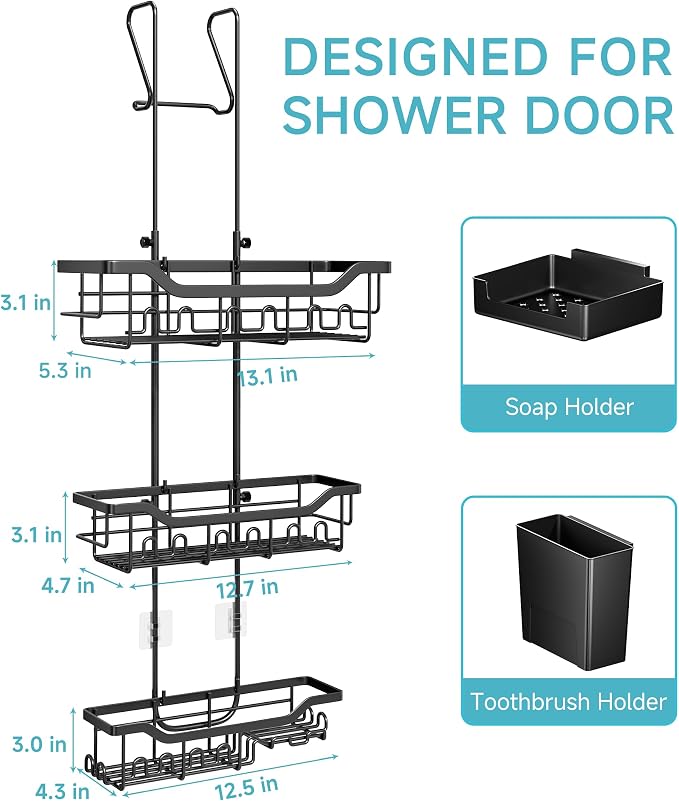 Shower Caddy Hanging Over the Door, Upgraded Extended Length Shower Organizer, 3 Tier Rustproof Bathroom Rack with Hooks Soap Holder