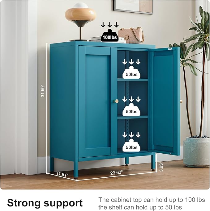 Bevivog Bathroom Floor Storage Cabinet,Metal Locker Cabinet with 2 Doors and 2 Adjustable Shelves,Modern Small Accent Cabinets for Entryway,Living Room,Hallway