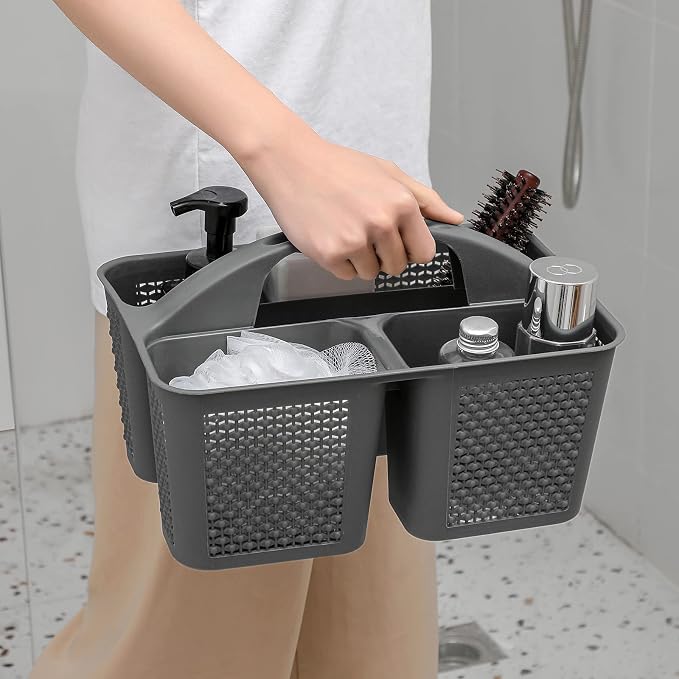 Plastic Portable Shower Caddy Basket with Handle, 3 Compartments, Dark Grey | Storage Organizer with Drain Holes, Sturdy and Durable For Bathroom, Kitchen, College Dorm, Sink, Camping