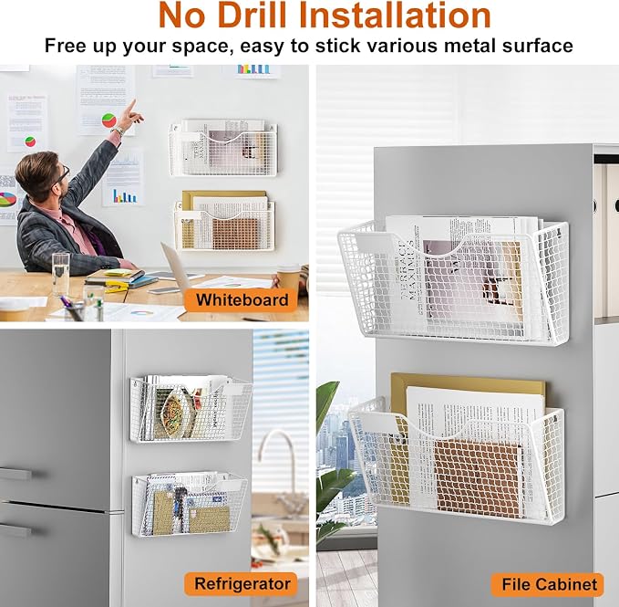 MFTEK Magnetic File Holder, 2 Pockets Wall File Folders Holder No Drilling Magnetic Paper Mail Organizer Magazine Basket, Hanging Storage Rack for Fridge Cabinets Office Classroom(White)