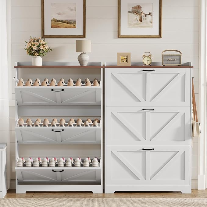 Farmhouse Shoe Cabinet Organizer with 3 Flip Drawers, 31.5" W White | Freestanding shoe cabinet with flip drawers ,space-saving storage for foyer hallway,Adjustable Shelves & 2 Hooks