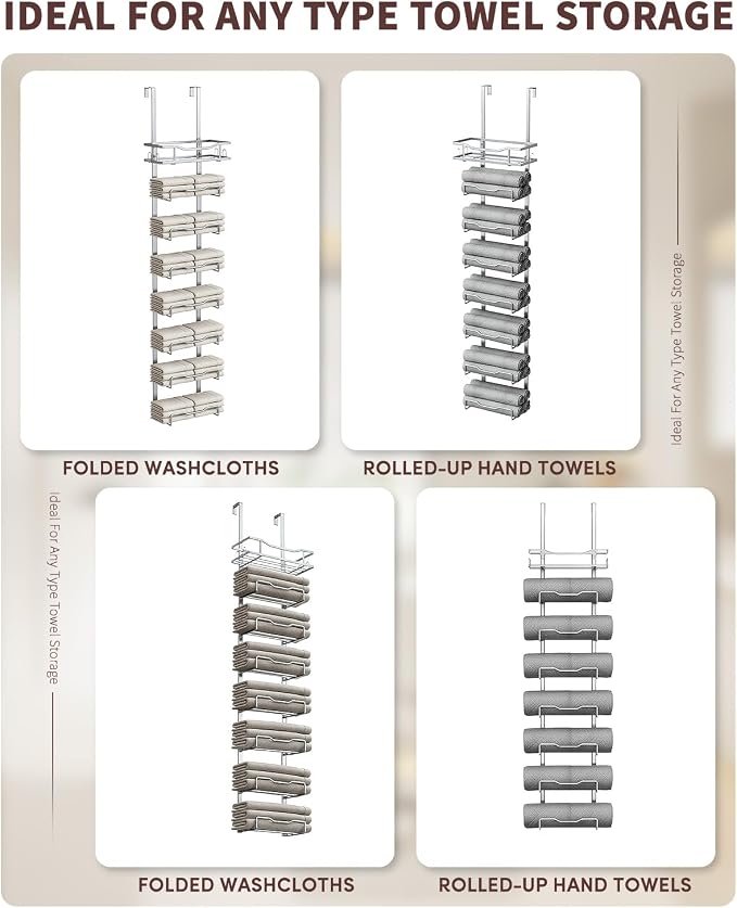 Aetyord Hanging Towel Racks for Bathroom Storage | 8-Tier Over The Door Bath Towel Storage Organizer with Metal Shelf Basket for Small Bathrooms RV Camper Silver