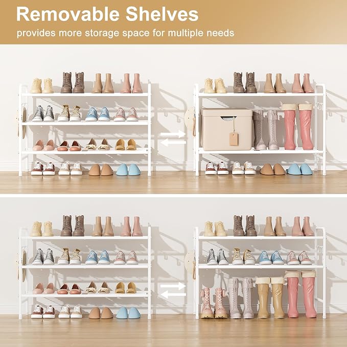 VILICK 3 Tier Shoe Rack 33" Wide Metal Shoe Organizer Long Shoe Storage with 4 Side Hooks Sturdy Shoes Shelf for Front Door Entrance, Closet, Garage, Dorm, White