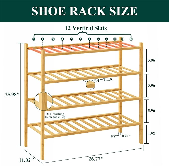 Smiry Bamboo Shoe Rack, 12 Vertical Slats, 4 Tier - 26.8" Wide, Natural | Stackable Free Standing Wooden Shoe Organizer, Wood Shoe Storage Shelf for Closet, Entryway