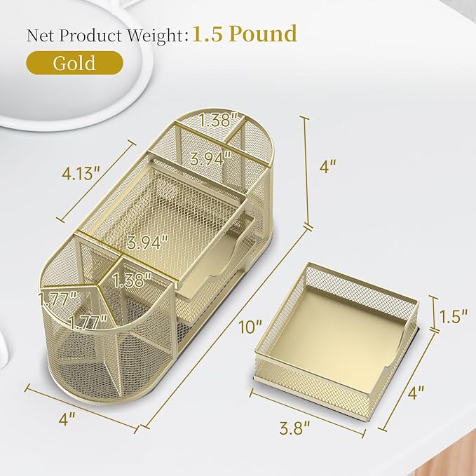 Mesh Desk Organizer, Desk Organizers and Accessories, Pen Holder with Drawers, Pencil Holder for Desk with 2 Drawer for Office Supplies, Golden yellow