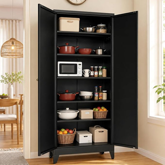 AQY 75" Pantry Cabinet, Black Freestanding Storage Cabinet with 5 Adjustable Shelves, Metal Pantry Cupboard with Ventilation Design & Hanging Hooks, 2-Door Kitchen Organizer for Living Room Kitchen | 5 Adjustable Shelves • Ventilated Metal Cabinet • Ha...