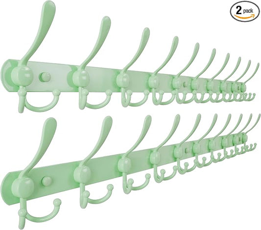 Dseap Coat Rack Wall Mount - 38” Long 10-Tri-Hooks Heavy Duty Coat Hanger Rail Wall Hooks for Hanging Coats Hats Clothing Clothes Purse Mudroom Entryway, Green, Pack of 2