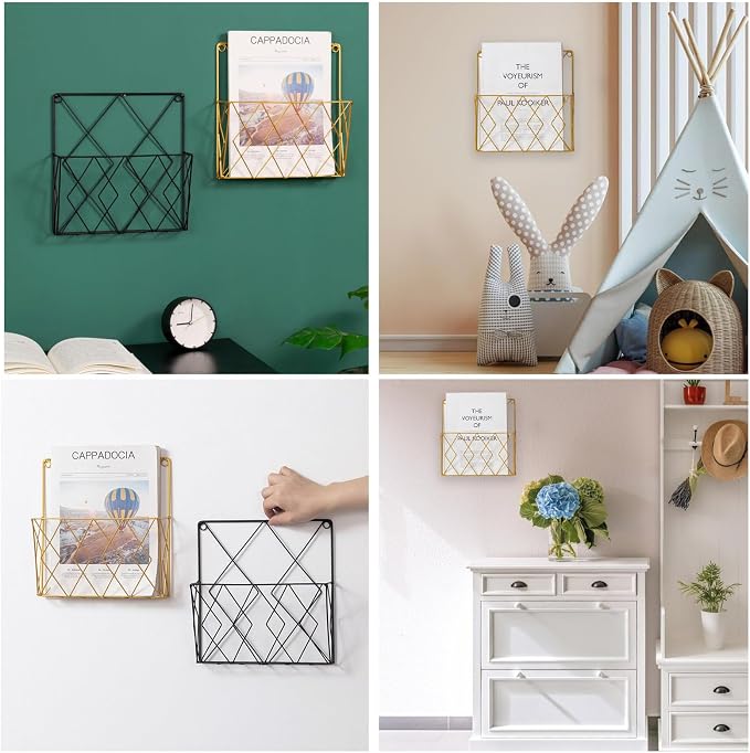 Wall-Mounted File Organizer, Metal Wall File Holder, Magazine Rack, Space-Saving Design, Ideal for Home Office, Workspace, and Study Room Organization (Black)