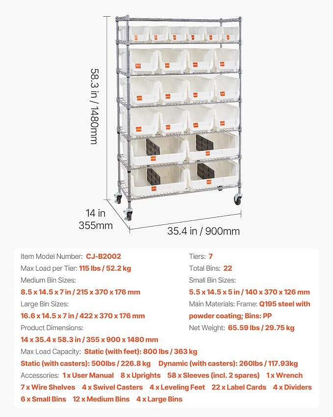 VEVOR 7-Tier Rolling Bin Storage Rack, 22 Organizer Bins, Bin Rack Storage Steel Wire Shelving System with Wheels, Mobile Tool Organizer for Garage, Warehouse, Office, Restaurant, Classroom, Kitchen