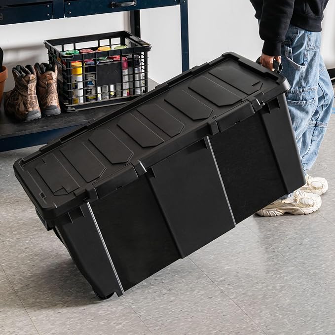IRIS USA 2-Pack 32 Gal Heavy Duty Rolling Storage Totes with lids, Black | Integrated wheels make transporting heavy loads easier, Great for garages, workshops, camping gear and large equipment