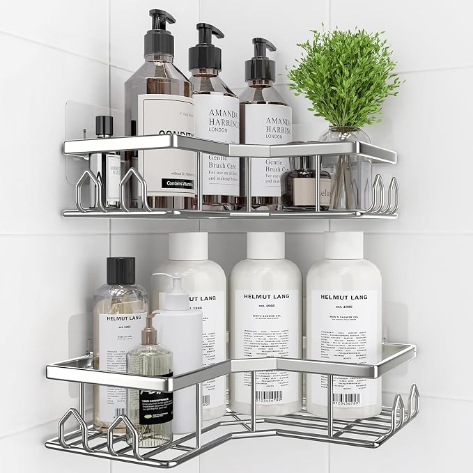 Adhesive Shower Caddy, 2 Pack Corner Bath Organizer, Rustproof Stainless Steel Shower Shelves with Large Capacity, No Drilling Shelves for Bathroom Storage, Home, Kitchen Décor(XL-Silver)
