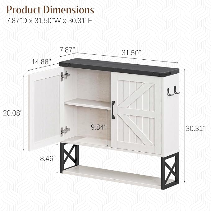 Vabches Bathroom Wall Cabinet, Farmhouse Medicine Cabinet, Rustic White | Vintage Storage Cabinet Wall Mounted with Double Barn Doors and Iron Shelf for Bathroom, Kitchen, Rustic White and Black