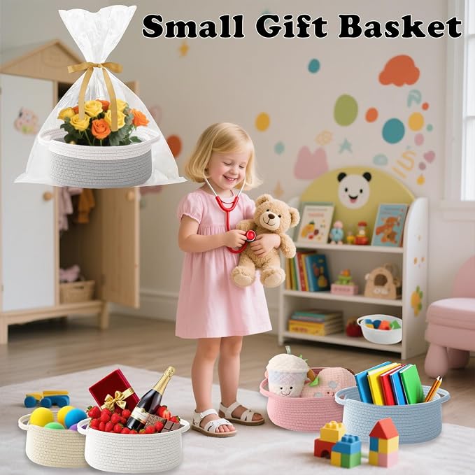 Woven Rope Basket - Baby Gift Basket with Bag & Ribbon, White&Grey | Cotton rope with handle, 12 x 8 x 5 in, gift bag and ribbon, for baby shower, birthday, toy storage, nursery, shelf decor