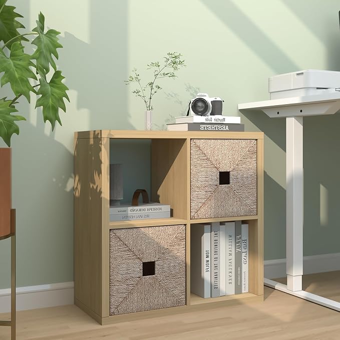 CTESNE【2026 Wooden Thick Frame 4 Cube Storage Organizer Shelf with Anti-Tipping Kits + Reversible Open Back Bookcase, Horizontal and Vertical Dual-use（Oak Color,11inch）