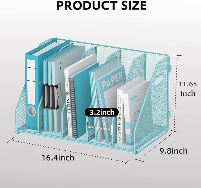 Binder Organizer, Magazine File Holder with 5 Vertical Rack, Blue | Metal Desk File Organizer & Binder Holders, Magazine Organizers for Office Desktop, Home, School, Classroom