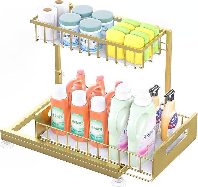 Saydear L-Shaped Under Sink Organizer, 2-Tier Pull-out Cabinet Rack 1-Pack | Gold Height-Adjustable Steel Rack, Sliding Grid Drawers with PP Liners, Holds 100 Lbs, Suction Base, Ideal Kitchen Storage