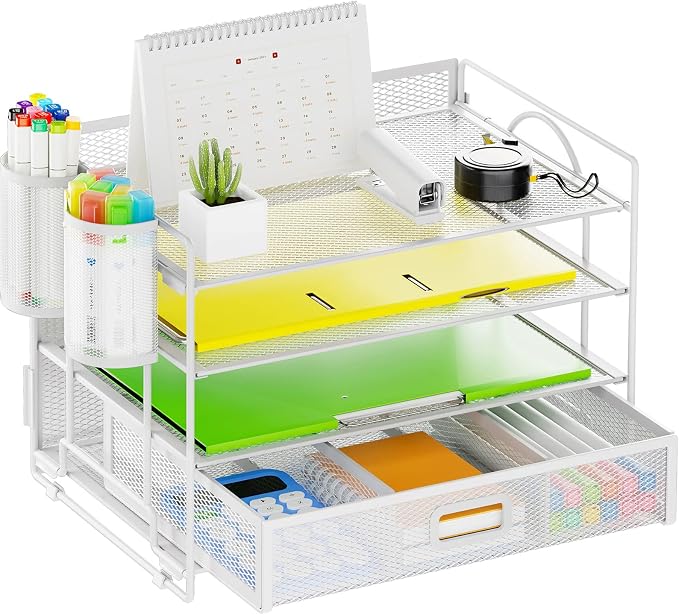 Marbrasse Desk Organizer, 4-Tier Paper File Letter Tray, White | Sturdy Paper Tray, File Holder, Built-in Drawer, 2 Pen Slots, fits Letters/Files, for School Home Office Supplies