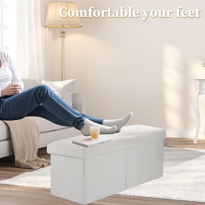 Bsketa Storage Ottoman Bench, 34" Folding Velvet Foot Rest Stool, White | Large Ottoman with Storage, Thicker Foam Padded Seat, Livingroom, Dorm, Bedroom, Easy to install, 86L,34 x 13 x 13in
