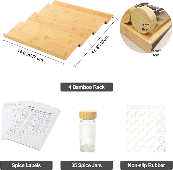 Spice Drawer Organizer with 35 Bamboo-lidded Spice Jars,216 Labels,25 Non-slip Rubber, Bamboo 4 Tier Seasoning Rack Tray Insert for Kitchen Drawers,Cabinets,Countertop,14.6" Wide x 15.8" Deep