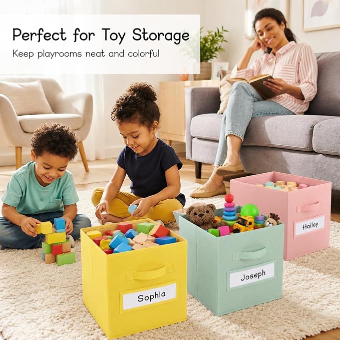 clothmile 6 Pack 11 Inch Fabric Storage Cubes with Label Windows | Collapsible fabric bins fold flat and include handles with sturdy base inserts for shelves closets classrooms and playrooms