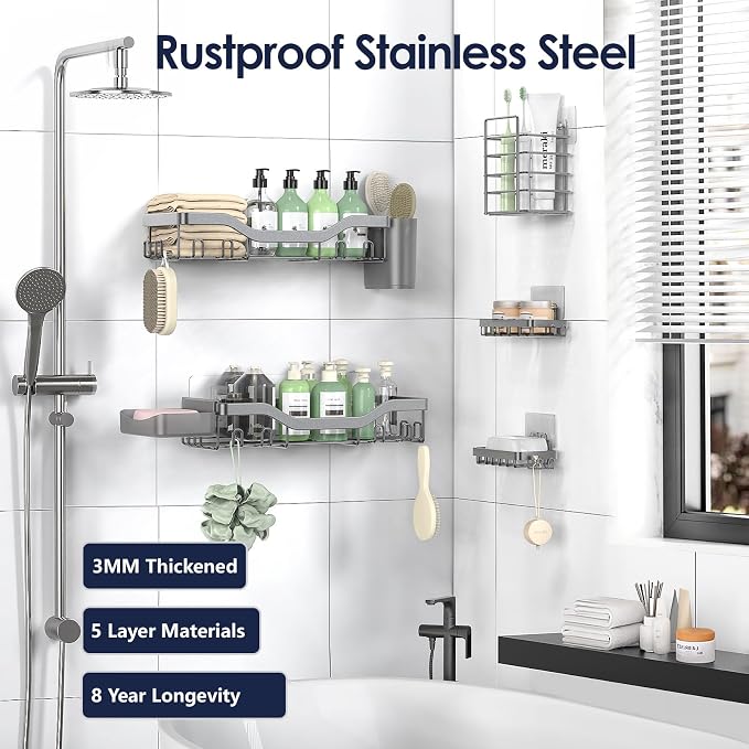 NESOMI Shower Caddy Adhesive Shower Organizer 7-Pack, Rustproof Stainless Steel Bathroom Shelves, Large Capacity No-Drill Rack Storage Accessories with Soap Dish Toothbrush Holder Hooks