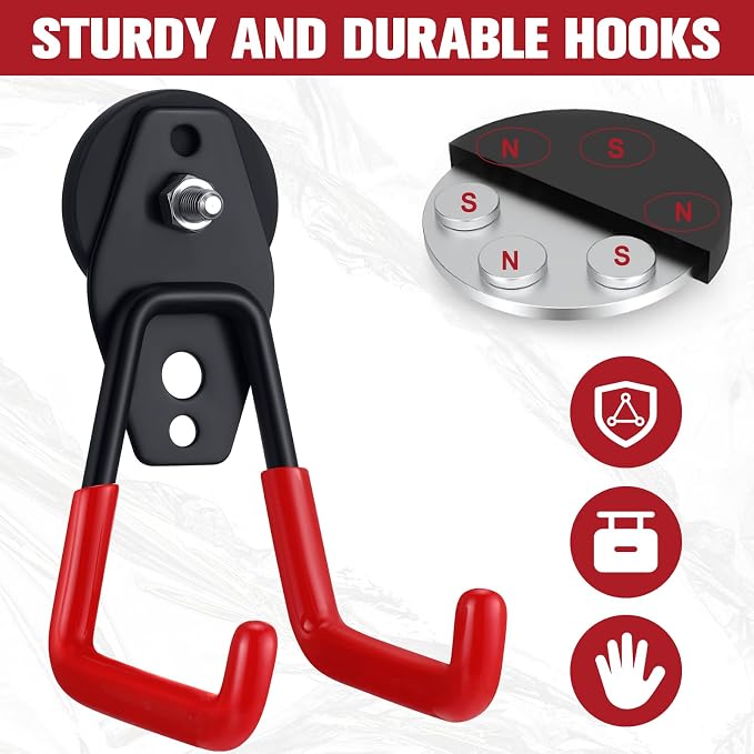 Landhoow 18 Pcs Large Magnetic Hooks Heavy Duty Garage Magnet Hooks Strong Storage Utility Magnetic Hangers with Anti Slip Rubber Coating for Indoor and Outdoor Hanging (Dark Red)