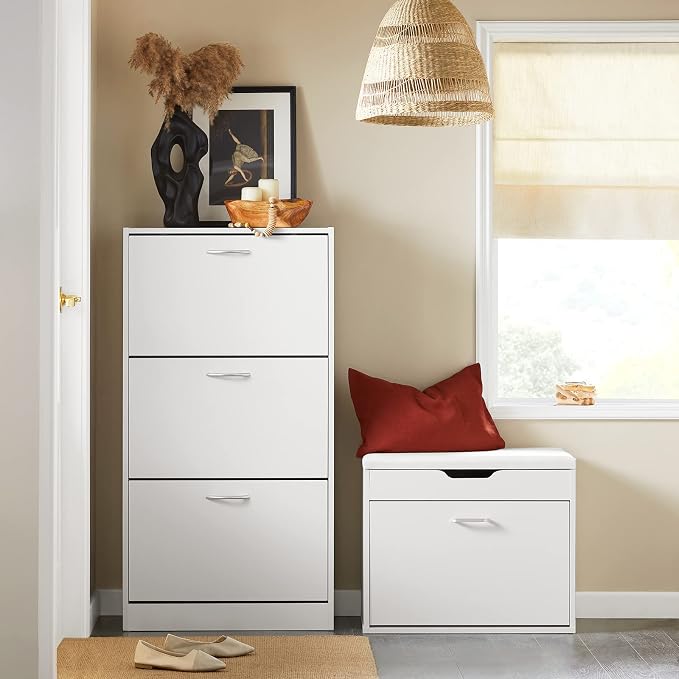 Haotian White Shoe Cabinet Entryway | Freestanding Shoe Rack with 3 Flip Drawers, Shoe Storage Cupboard Organizer for Entrance Hallway, FSR110-W