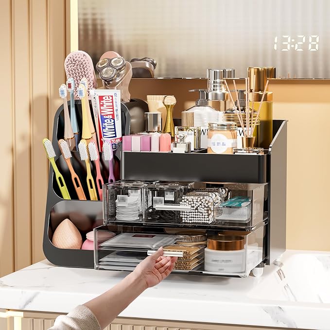Makeup Organizer with Drawers for Vanity Bathroom Counter Organizers and Storage, Large Skincare Organizer with Brush Toothbrush Holder for Perfume, Nail Polish, Dresser, Office Supplies, Black