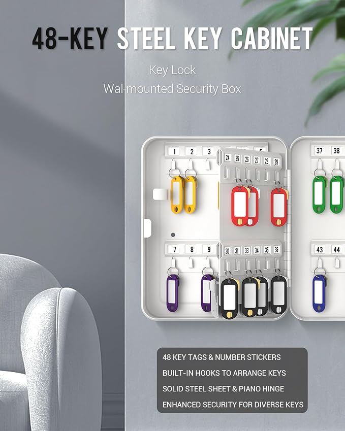 Uniclife 48 Position Key Cabinet with Combination Lock Resettable White Digital Security Storage Box Steel Key Organizer with Colorful Key Tag Labels Stickers and Hooks