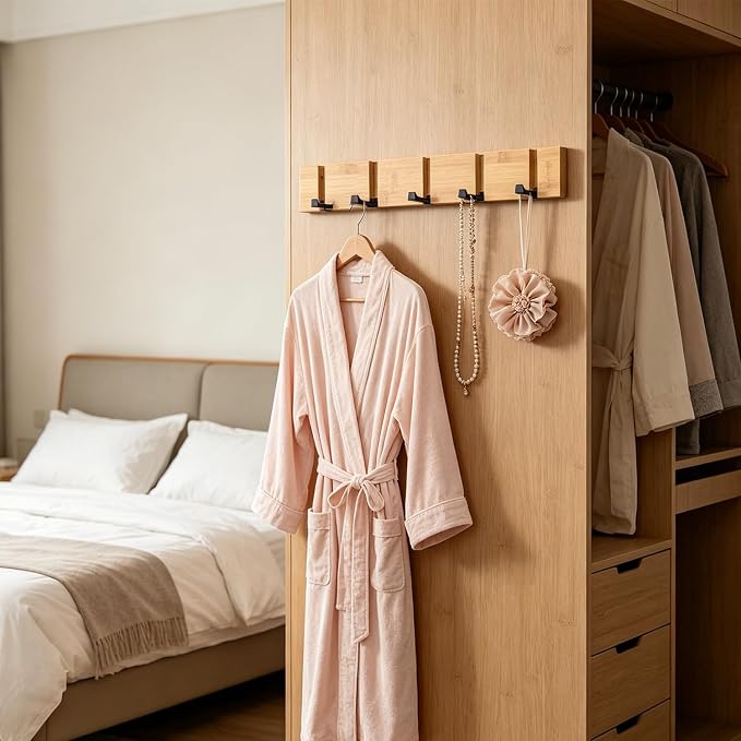 Wall Mounted Coat Rack, Heavy Duty Folding Coat Hooks Wood Retractable Wall Hooks for Hanging Purse Clothes Keys, Towel Hooks Rack for Bathroom Wall Coat Hanger for Entryway (5 Hooks,Nature)